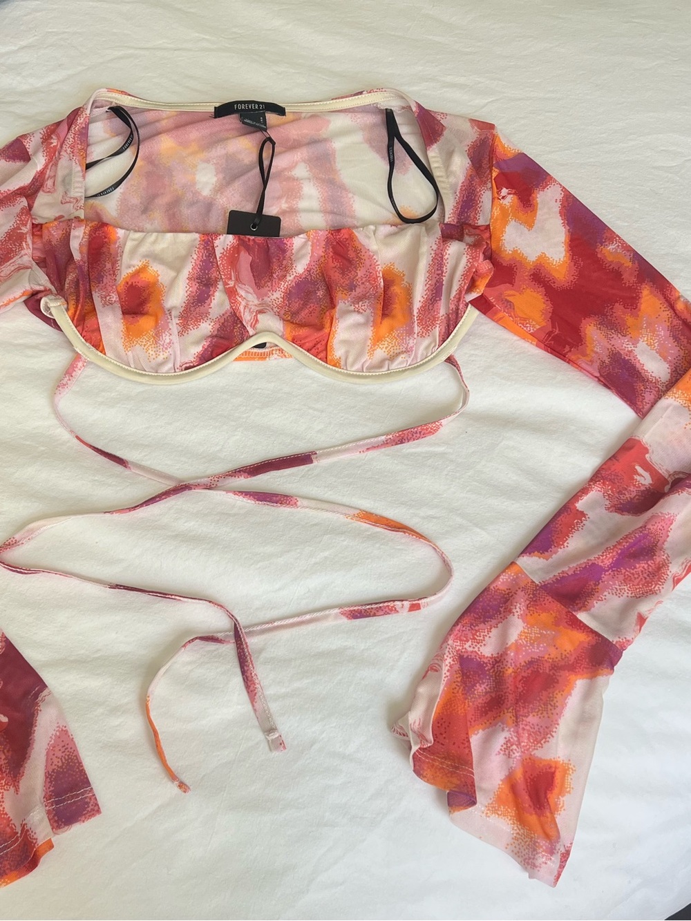 Forever 21 Pink and Coral Tie-Front Mesh Crop Top